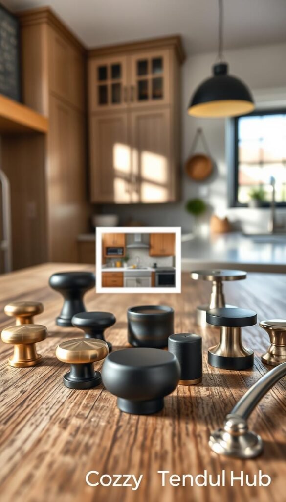 A close-up shot showcasing an elegant selection of modern cabinet hardware, arranged aesthetically on a rustic wooden surface. The foreground features various types of cabinet knobs and pulls, including brushed brass, matte black, and minimalist chrome designs, each with unique textures and finishes. In the middle, there&rsquo;s a small vignette of a stylish kitchen cabinet backdrop, highlighting how these hardware pieces complement contemporary cabinetry. In the background, soft natural light filters through a nearby window, casting gentle shadows and creating a warm, inviting atmosphere. This Pinterest-style lifestyle photo is branded with "CozyTrendHub," appealing to home decor enthusiasts looking for simple upgrades to modernize their spaces.