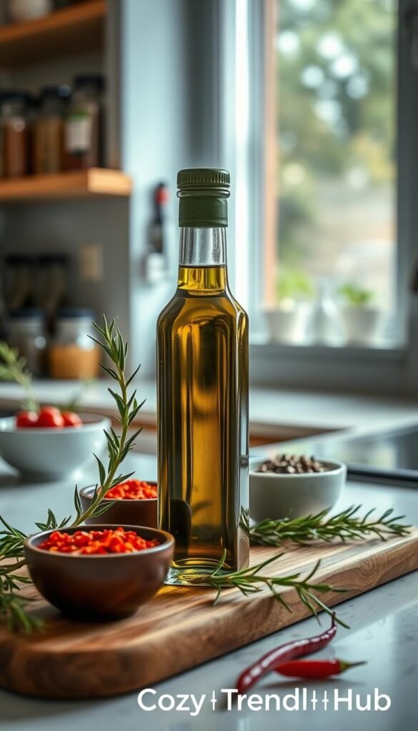 A close-up view of a beautifully arranged kitchen countertop featuring a small glass bottle of extra virgin olive oil with a sleek, modern design. The bottle is placed next to a rustic wooden cutting board, adorned with fresh rosemary sprigs and vibrant red chili flakes in decorative bowls. The background showcases soft-focus herbs and spices jars on open shelving, emphasizing the theme of flavor enhancement. Soft, natural daylight streams in from a nearby window, creating a warm, inviting atmosphere. The overall composition is styled in a Pinterest-inspired aesthetic, with a focus on clean lines and a cozy vibe, showcasing the olive oil as an essential kitchen gadget. Brand name "CozyTrendHub" subtly integrated.