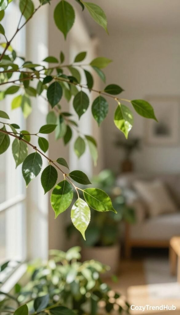 A close-up view of branches adorned with lush green leaves, creating a natural, organic texture. In the foreground, delicate twigs extend gracefully, while soft sunlight filters through, casting gentle shadows. The middle ground features a subtle arrangement of greenery, emphasizing varied shades of green and light reflecting off glossy leaves. In the background, a blurred glimpse of a cozy apartment interior can be seen, highlighting light, neutral colors that evoke a serene atmosphere. The overall mood is refreshing and inviting, perfect for spring decor. The image embodies a Pinterest-style lifestyle aesthetic ideal for "CozyTrendHub", showcasing renter-friendly organic elements that enhance a living space without being overtly themed.
