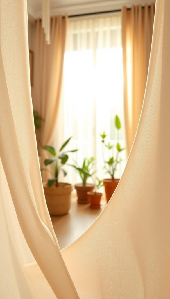 A close-up view of breathable fabric, showcasing its light, airy texture and elegant drape, ideal for summer decor. The foreground features a soft, sheer fabric in pastel colors, gracefully flowing in a gentle breeze, with detailed patterns resembling delicate leaves. In the middle ground, a tastefully arranged living space is visible, with bright natural light streaming through sheer curtains, illuminating a cozy corner with potted plants for freshness. In the background, hints of a sunlit outdoor scene can be seen, emphasizing a sense of openness. The overall atmosphere is warm and inviting, evoking a feeling of comfort and relaxation. The image should embody a stylish, modern aesthetic perfectly aligned with CozyTrendHub, ideal for Pinterest-style lifestyle photos. A close-up view of breathable fabric, showcasing its light, airy texture and elegant drape, ideal for summer decor. The foreground features a soft, sheer fabric in pastel colors, gracefully flowing in a gentle breeze, with detailed patterns resembling delicate leaves. In the middle ground, a tastefully arranged living space is visible, with bright natural light streaming through sheer curtains, illuminating a cozy corner with potted plants for freshness. In the background, hints of a sunlit outdoor scene can be seen, emphasizing a sense of openness. The overall atmosphere is warm and inviting, evoking a feeling of comfort and relaxation. The image should embody a stylish, modern aesthetic perfectly aligned with CozyTrendHub, ideal for Pinterest-style lifestyle photos.