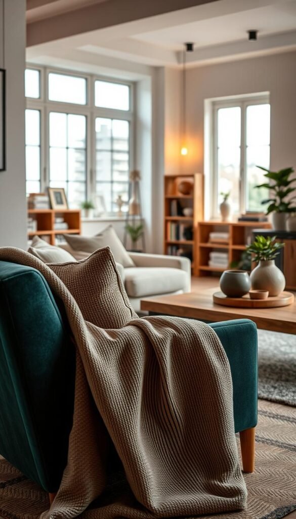 A close-up view of various materials and textures representing aesthetic decor for apartments and rentals. In the foreground, rich fabrics like velvet in deep teal and textured linen in soft beige are artistically draped over a stylish modern armchair. The middle layer showcases wood grains, with a polished oak tabletop adorned with decorative ceramics in neutral tones and a small indoor plant, adding a touch of greenery. In the background, a softly lit living space features a minimalist bookshelf filled with art books and cozy, inviting lighting. Ambient natural light filters in through large windows, creating a warm and welcoming atmosphere. The mood reflects a balance of elegance and comfort, ideal for a modern rental space. Created by CozyTrendHub.