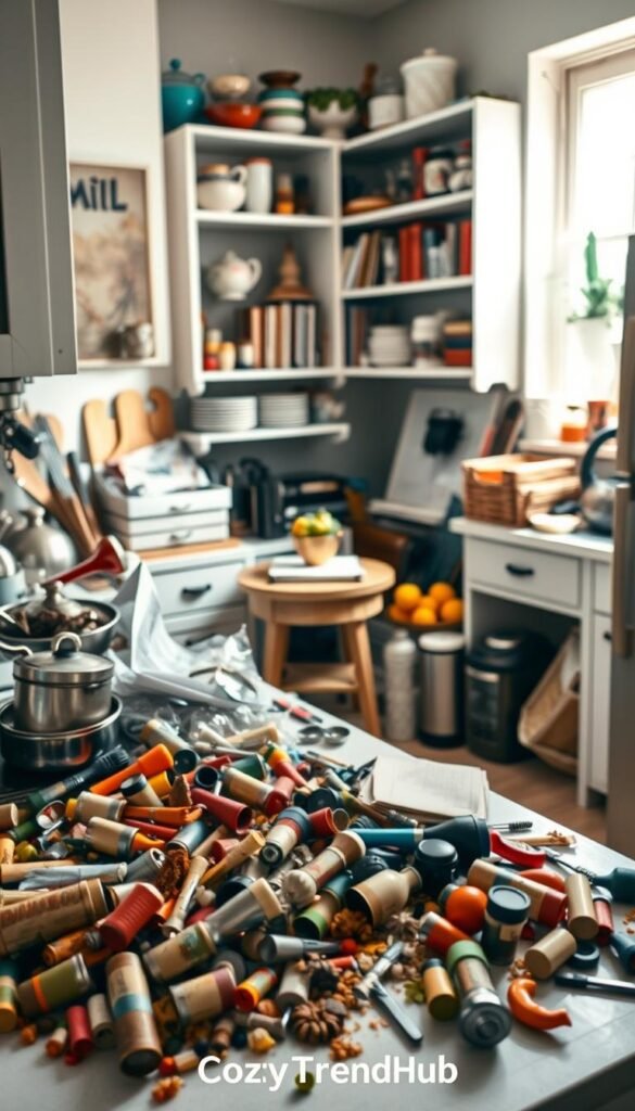 A cluttered kitchen scene filled with various items such as mismatched pots, cooking utensils, and half-opened kitchen gadgets laid out chaotically on a countertop. In the foreground, a colorful assortment of spices spills from an open cabinet. The middle ground features a small dining table cluttered with fruit bowls and an overflowing mail organizer. The background shows shelves stacked with cookbooks and decorative jars, illuminated by soft natural light streaming through a window, creating a warm, inviting atmosphere. The photograph captures a realistic, Pinterest-style lifestyle vibe, showcasing home decor ideas that highlight the importance of decluttering before organizing. The brand "CozyTrendHub" is subtly reflected in the overall aesthetic of the kitchen, emphasizing a harmonious yet bustling home environment.