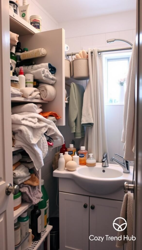 A cluttered small bathroom scene showcasing the chaotic organization often found in shared spaces. In the foreground, an overstuffed medicine cabinet spills open, displaying assorted toiletries, half-empty bottles, and mismatched cotton towels. The middle ground features a sink with a jumble of skincare products, dental items, and a soap dish crowded with sponges. A towel rack holds various towels in different colors, some hanging haphazardly. The background shows a compact shower with products crammed into caddies. Soft, natural light filters in through a small window, creating a warm atmosphere. The image should have a cozy, lived-in feel reminiscent of Pinterest home decor, branded subtly with the logo "CozyTrendHub." Aim for a realistic, lifestyle photo that captures the essence of small space challenges.