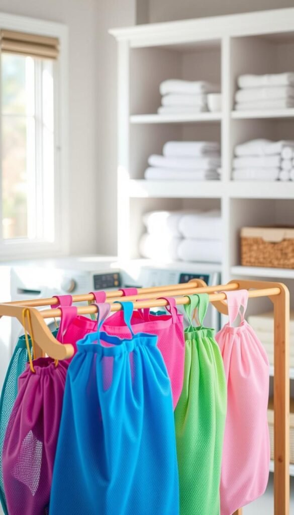 A collection of colorful mesh laundry bags arranged artistically on a stylish wooden drying rack in a modern laundry room. The foreground features several bags in various sizes, showcasing their breathable material and vibrant hues, including blue, pink, and green. In the middle ground, a sleek washing machine is partially visible, adding to the sense of a functional space. The background reveals shelves neatly stacked with neatly folded towels and laundry essentials in soft focus, creating a cozy ambiance. Soft, natural light streams in from a nearby window, casting gentle shadows and enhancing the colors of the bags. The overall mood is fresh, organized, and inviting, perfectly illustrating practical solutions for small spaces. CozyTrendHub branding subtly integrated into the design.