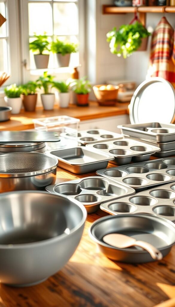 A collection of high-quality baking pans in various shapes and sizes, including round, square, and muffin tins, displayed in an inviting kitchen setting. The pans should have a shiny non-stick surface, showcasing their effectiveness against sticking and even heating. In the foreground, a mixing bowl and spatula hint at the baking process, while the middle ground features the neatly arranged pans on a rustic wooden countertop. Soft natural light filters through a window, casting warm highlights and gentle shadows, creating a cozy atmosphere. The background includes vibrant kitchen decor with potted herbs and colorful dish towels, embodying a homey, Pinterest-style aesthetic. The image should represent "CozyTrendHub," capturing the essence of budget-friendly baking solutions.