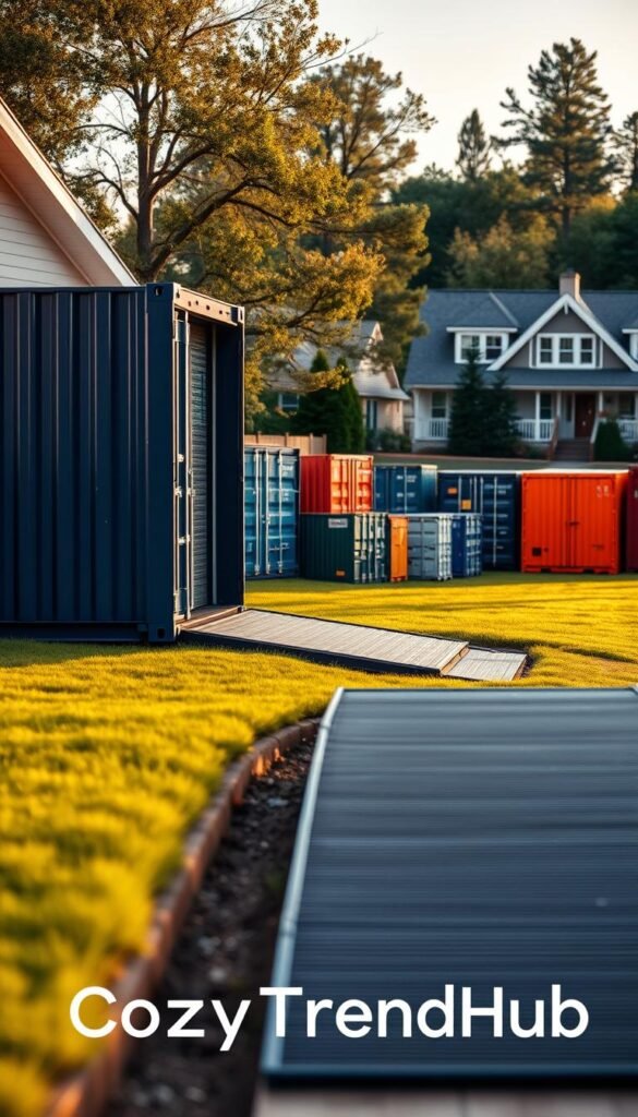 A collection of portable storage containers arranged outside a cozy, modern home, surrounded by a lush green lawn. In the foreground, a sleek, dark blue container with a ramp leading up to it, emphasizing accessibility for renters. The middle ground features a variety of containers in different colors, strategically placed to show versatility. The background reveals a suburban neighborhood with well-kept houses and trees, capturing a sense of community. The scene is bathed in warm, early evening light, casting soft shadows to enhance the inviting atmosphere. Capture this image with a shallow depth of field for a polished look, evoking a practical yet stylish vibe for renters. Add the text "CozyTrendHub" subtly integrated into the scene's composition. A collection of portable storage containers arranged outside a cozy, modern home, surrounded by a lush green lawn. In the foreground, a sleek, dark blue container with a ramp leading up to it, emphasizing accessibility for renters. The middle ground features a variety of containers in different colors, strategically placed to show versatility. The background reveals a suburban neighborhood with well-kept houses and trees, capturing a sense of community. The scene is bathed in warm, early evening light, casting soft shadows to enhance the inviting atmosphere. Capture this image with a shallow depth of field for a polished look, evoking a practical yet stylish vibe for renters. Add the text "CozyTrendHub" subtly integrated into the scene's composition.