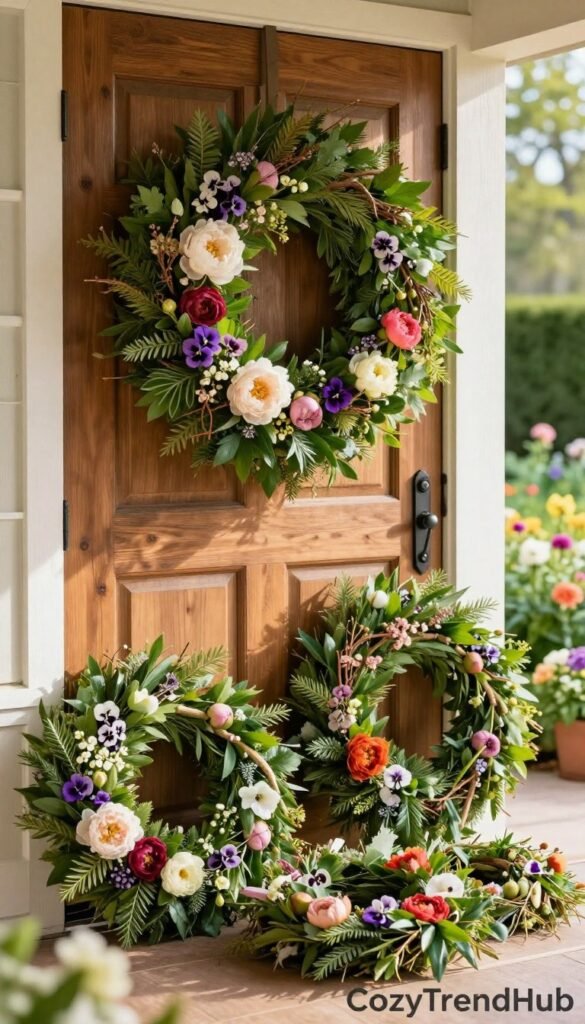 A collection of premium spring wreaths elegantly displayed on a rustic wooden front door, showcasing intricate details like lush greenery, vibrant flowers, and natural elements such as twigs and dried florals. In the foreground, a large, vivid wreath adorned with peonies and violets hangs proudly, while smaller, complementary wreaths sit on a nearby table, artfully arranged with delicate accents. Soft, warm sunlight bathes the scene, creating inviting shadows and highlights that enhance the textures of the wreaths. The background features a blurred garden bursting with blooming flowers, adding a touch of seasonal charm. The overall mood is fresh and uplifting, perfect for showcasing luxury home decor. This image is branded with "CozyTrendHub" to reflect style and elegance.
