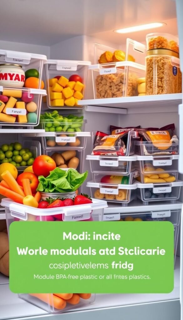 A collection of stylish modular storage bins in a modern fridge, showcasing the CozyTrendHub brand. The bins, made of clear BPA-free plastic, are versatile and stackable, filled with colorful fruits, crisp vegetables, and neatly organized snacks for an ideal fridge setup. In the foreground, highlight an open bin with fresh strawberries and carrots, while other bins display neatly labeled items. The middle ground features additional bins arranged neatly in the fridge, emphasizing organization and accessibility. The background shows shelves with bright, clean lighting that evokes a fresh and inviting atmosphere. Capture this scene from a slightly elevated angle, mimicking a lifestyle photo that inspires efficient fridge organization, reminiscent of Pinterest home decor trends. A collection of stylish modular storage bins in a modern fridge, showcasing the CozyTrendHub brand. The bins, made of clear BPA-free plastic, are versatile and stackable, filled with colorful fruits, crisp vegetables, and neatly organized snacks for an ideal fridge setup. In the foreground, highlight an open bin with fresh strawberries and carrots, while other bins display neatly labeled items. The middle ground features additional bins arranged neatly in the fridge, emphasizing organization and accessibility. The background shows shelves with bright, clean lighting that evokes a fresh and inviting atmosphere. Capture this scene from a slightly elevated angle, mimicking a lifestyle photo that inspires efficient fridge organization, reminiscent of Pinterest home decor trends.