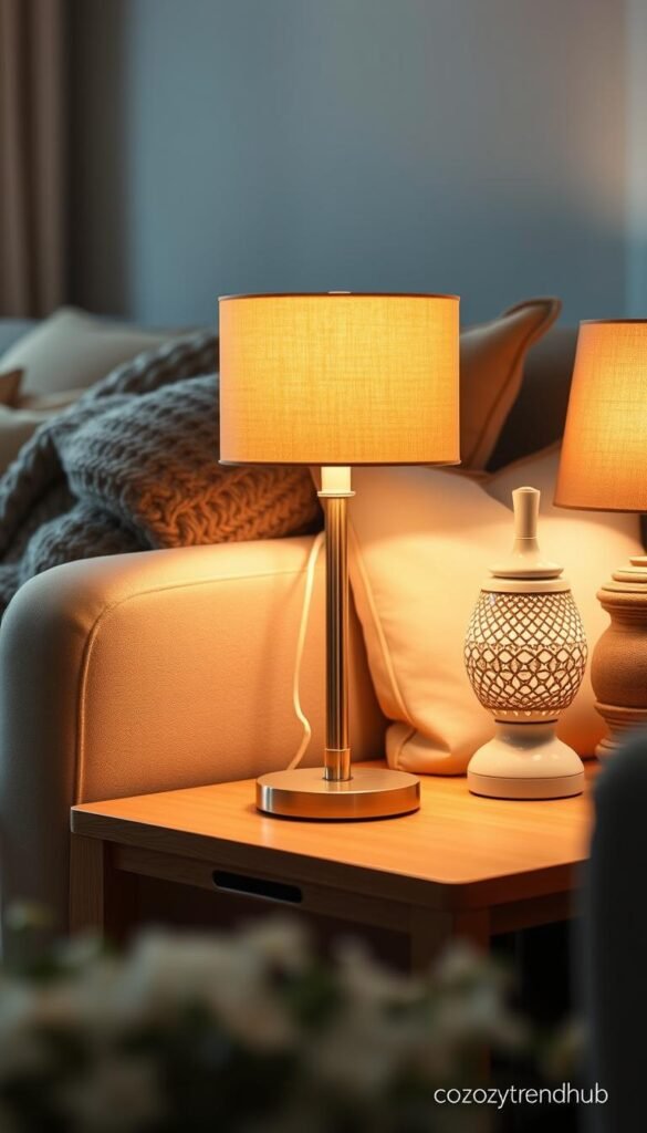 A collection of stylish table lamps showcasing various cozy designs, arranged elegantly on a warm wooden side table in a cozy living room setting. The foreground features a modern lamp with a soft beige fabric shade, casting a warm, inviting glow. Next to it, a vintage-inspired lamp with a ceramic base and intricate patterns adds charm. In the background, soft textures such as knitted throw blankets and decorative pillows enhance the scene. The lighting is soft and ambient, creating an inviting atmosphere. The focus is sharp, with a shallow depth of field emphasizing the lamps. This scene embodies a Pinterest-style lifestyle photo, perfectly exemplifying the warmth and charm of space-saving lighting options. Ideal for showcasing home decor from CozyTrendHub. A collection of stylish table lamps showcasing various cozy designs, arranged elegantly on a warm wooden side table in a cozy living room setting. The foreground features a modern lamp with a soft beige fabric shade, casting a warm, inviting glow. Next to it, a vintage-inspired lamp with a ceramic base and intricate patterns adds charm. In the background, soft textures such as knitted throw blankets and decorative pillows enhance the scene. The lighting is soft and ambient, creating an inviting atmosphere. The focus is sharp, with a shallow depth of field emphasizing the lamps. This scene embodies a Pinterest-style lifestyle photo, perfectly exemplifying the warmth and charm of space-saving lighting options. Ideal for showcasing home decor from CozyTrendHub.