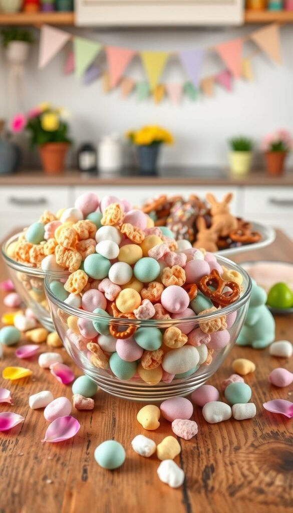 A colorful and inviting Easter snack mix display set on a rustic wooden table, styled for a cozy small home atmosphere. In the foreground, a clear glass bowl filled with vibrant pastel-colored chocolate eggs, marshmallow bunnies, and crunchy bunny-shaped cereal. Scattered around the bowl are handfuls of vibrant spring flower petals and additional sweet treats, creating a playful and festive vibe. In the middle ground, a beautifully decorated plate features homemade no-bake treats, such as chocolate-covered pretzels adorned with festive sprinkles. The background suggests a softly lit, well-decorated small home kitchen with subtle Easter decorations like pastel banners and potted flowers, enhancing the cheerful mood. Capture this scene from a slightly elevated angle to create depth and interest. Ideal lighting is soft and warm, evoking a sense of springtime joy. Designed for CozyTrendHub. A colorful and inviting Easter snack mix display set on a rustic wooden table, styled for a cozy small home atmosphere. In the foreground, a clear glass bowl filled with vibrant pastel-colored chocolate eggs, marshmallow bunnies, and crunchy bunny-shaped cereal. Scattered around the bowl are handfuls of vibrant spring flower petals and additional sweet treats, creating a playful and festive vibe. In the middle ground, a beautifully decorated plate features homemade no-bake treats, such as chocolate-covered pretzels adorned with festive sprinkles. The background suggests a softly lit, well-decorated small home kitchen with subtle Easter decorations like pastel banners and potted flowers, enhancing the cheerful mood. Capture this scene from a slightly elevated angle to create depth and interest. Ideal lighting is soft and warm, evoking a sense of springtime joy. Designed for CozyTrendHub.