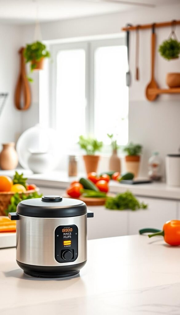 A compact mini rice cooker from the brand "CozyTrendHub" placed on a stylish kitchen countertop. The foreground features the rice cooker with a sleek, modern design, showcasing its stainless steel body and easy-to-use interface with a glowing indicator light. In the middle ground, a clean, bright kitchen environment with soft natural lighting flooding in from a nearby window, illuminating fresh vegetables and herbs scattered on the countertop, emphasizing a healthy cooking vibe. The background features tasteful kitchen decor, such as potted plants and hanging utensils, giving a cozy yet contemporary feel. The atmosphere is warm and inviting, perfect for showcasing the practical elegance of this kitchen gadget, highlighting its functionality and compact size.