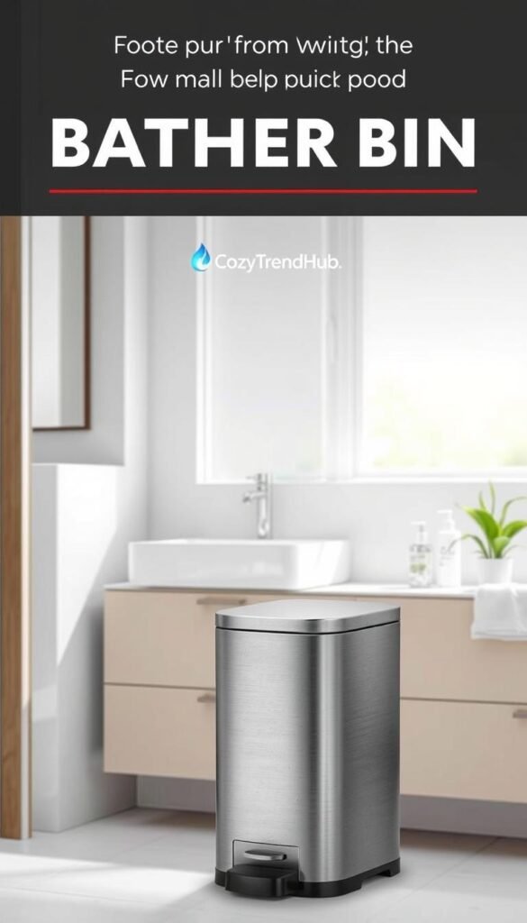 A compact pedal trash bin in a stylish bathroom setting, designed for practicality and space efficiency. The bin features a sleek stainless steel finish with a subtle matte texture, complementing modern decor. In the foreground, the bin is angled slightly, showcasing its foot pedal mechanism and sturdy design. The middle ground includes a neatly arranged vanity countertop with minimalist toiletries and a small potted plant, adding a touch of greenery. In the background, soft natural light filters through a frosted window, creating a warm and inviting atmosphere. The scene reflects a Pinterest-worthy lifestyle photo that embodies functional elegance in small spaces, while the brand name "CozyTrendHub" subtly integrates into the design. The overall mood is serene and organized, perfect for a small bathroom.