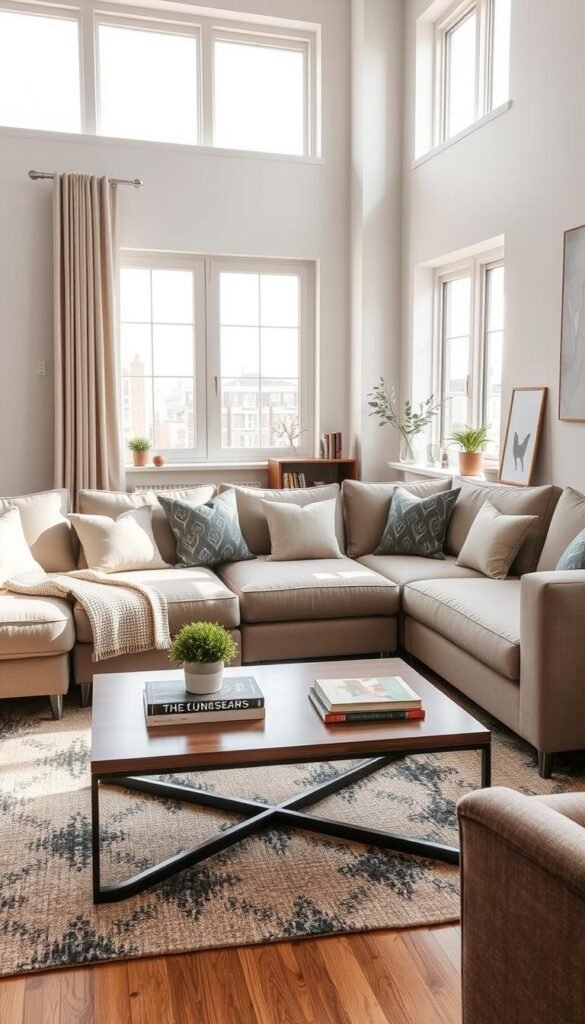 A contemporary modular seating arrangement designed for a cozy apartment, showcasing a versatile sectional sofa in soft fabric and neutral tones with patterned throw pillows. Foreground features a stylish coffee table, adorned with a small potted plant and books, creating an inviting and functional space. In the middle, light filters through large windows, illuminating the seating area, with a stylish area rug anchoring the space. The background includes tasteful wall art and a small bookshelf, enhancing the decorative appeal of the room. The atmosphere is warm and inviting, catering to renters with modern sensibilities. Capture this design in a bright, natural light setting, with a wide-angle lens to emphasize the spaciousness. Aesthetic and homey, inspired by CozyTrendHub. A contemporary modular seating arrangement designed for a cozy apartment, showcasing a versatile sectional sofa in soft fabric and neutral tones with patterned throw pillows. Foreground features a stylish coffee table, adorned with a small potted plant and books, creating an inviting and functional space. In the middle, light filters through large windows, illuminating the seating area, with a stylish area rug anchoring the space. The background includes tasteful wall art and a small bookshelf, enhancing the decorative appeal of the room. The atmosphere is warm and inviting, catering to renters with modern sensibilities. Capture this design in a bright, natural light setting, with a wide-angle lens to emphasize the spaciousness. Aesthetic and homey, inspired by CozyTrendHub.