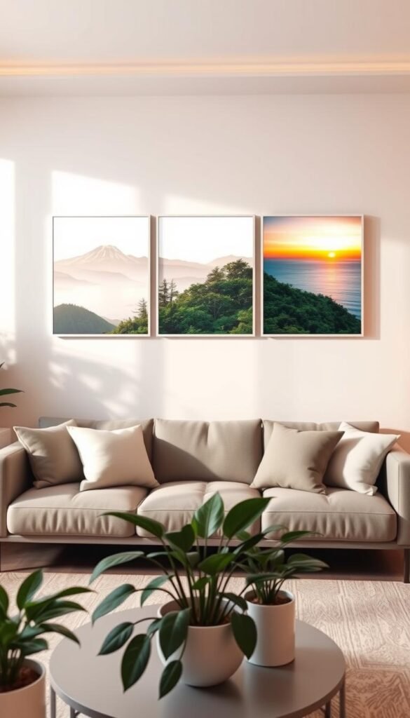 A contemporary triptych wall art piece featuring three striking panels, each showcasing a different design inspired by nature. The first panel portrays a serene mountain landscape at dawn, bathed in soft pastel hues. The second presents a vibrant forest scene, rich in greens and sunlight filtering through the leaves. The third depicts a tranquil ocean view at sunset, with deep blues and warm oranges. The artwork is elegantly arranged above a stylish sofa in a cozy, well-lit living room setting, with minimalistic decor and houseplants in the foreground. The lighting is warm and inviting, creating a harmonious atmosphere. This image encapsulates a clean, panoramic statement for modern apartments. A cozy and aesthetically pleasing vibe, perfect for home decor inspiration. CozyTrendHub.