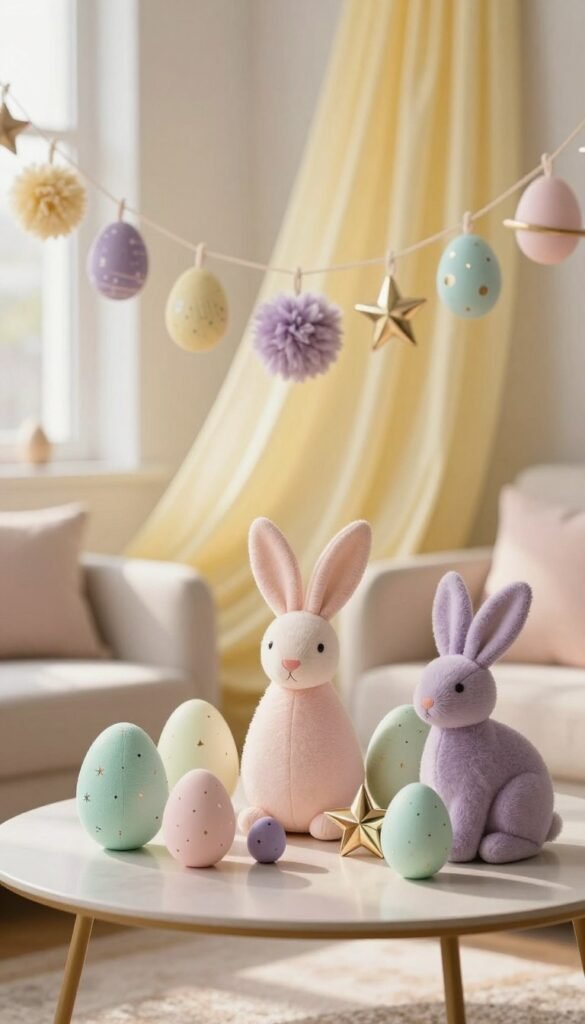 A cozy Easter scene featuring stylish pastel space-themed decor pieces designed under $50. In the foreground, a beautifully arranged coffee table displays a mix of pastel egg-shaped ornaments, soft fabric bunnies, and metallic star accents, all in mint green, blush pink, and lavender hues. The middle ground includes a hanging garland of fluffy pom-poms and celestial shapes, adding texture and whimsy. In the background, a softly draped lightweight fabric in pale yellow cascades, enhancing the serene, uplifting atmosphere. Natural light filters through a nearby window, casting a warm glow and creating gentle shadows, while the scene is captured with a soft focus lens for a dreamy effect. Overall, the mood is inviting and stylish, perfect for modern home decor. CozyTrendHub's Easter aesthetic is showcased beautifully. A cozy Easter scene featuring stylish pastel space-themed decor pieces designed under $50. In the foreground, a beautifully arranged coffee table displays a mix of pastel egg-shaped ornaments, soft fabric bunnies, and metallic star accents, all in mint green, blush pink, and lavender hues. The middle ground includes a hanging garland of fluffy pom-poms and celestial shapes, adding texture and whimsy. In the background, a softly draped lightweight fabric in pale yellow cascades, enhancing the serene, uplifting atmosphere. Natural light filters through a nearby window, casting a warm glow and creating gentle shadows, while the scene is captured with a soft focus lens for a dreamy effect. Overall, the mood is inviting and stylish, perfect for modern home decor. CozyTrendHub's Easter aesthetic is showcased beautifully.