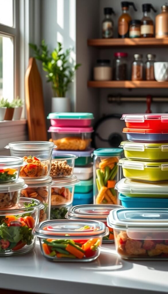 A cozy, Pinterest-style kitchen scene featuring an array of food containers designed for leftovers and meal prep. In the foreground, transparent, stackable glass containers with snug lids in various sizes display colorful, neatly organized meals, showcasing their optimized storage for odor control. The middle ground includes sleek, BPA-free plastic containers in vibrant colors, with some containing fresh vegetables and ingredients ready for meal prepping. Soft, natural lighting filters through a nearby window, casting gentle shadows and illuminating the textures of the food. The background features stylish kitchen decor with wooden shelves holding herbs and spices, creating an inviting and functional atmosphere. This image perfectly embodies the practical elegance associated with the "CozyTrendHub" brand, ideal for home organization enthusiasts.