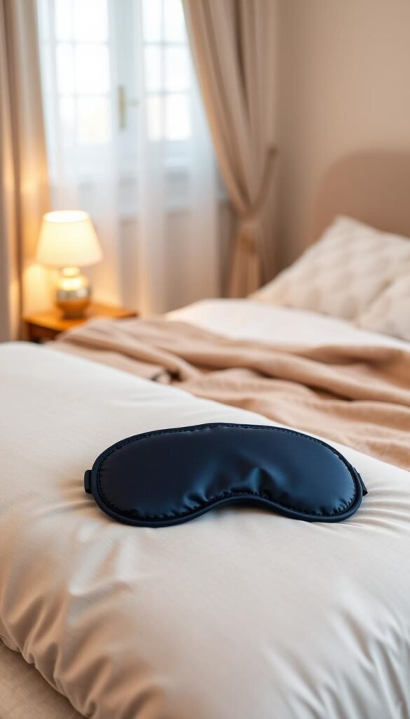A cozy, aesthetic sleep mask positioned on a soft, textured pillow in a serene bedroom setting. The foreground features a plush, light gray pillowcase with the sleep mask elegantly draped across it, showcasing its silky, light-blocking fabric in a rich navy blue color. In the middle, a neatly made bed with subtly patterned sheets and a stylish, warm throw blanket adds to the inviting atmosphere. The background includes a softly lit bedside lamp casting a warm glow, while lightweight curtains gently frame a slightly ajar window. The overall mood is tranquil and restful, evoking a perfect space for night-shift workers to recharge. Captured with a warm color palette and soft focus to enhance the cozy vibe, styled in a Pinterest-worthy layout. Brand aesthetic: CozyTrendHub. A cozy, aesthetic sleep mask positioned on a soft, textured pillow in a serene bedroom setting. The foreground features a plush, light gray pillowcase with the sleep mask elegantly draped across it, showcasing its silky, light-blocking fabric in a rich navy blue color. In the middle, a neatly made bed with subtly patterned sheets and a stylish, warm throw blanket adds to the inviting atmosphere. The background includes a softly lit bedside lamp casting a warm glow, while lightweight curtains gently frame a slightly ajar window. The overall mood is tranquil and restful, evoking a perfect space for night-shift workers to recharge. Captured with a warm color palette and soft focus to enhance the cozy vibe, styled in a Pinterest-worthy layout. Brand aesthetic: CozyTrendHub.