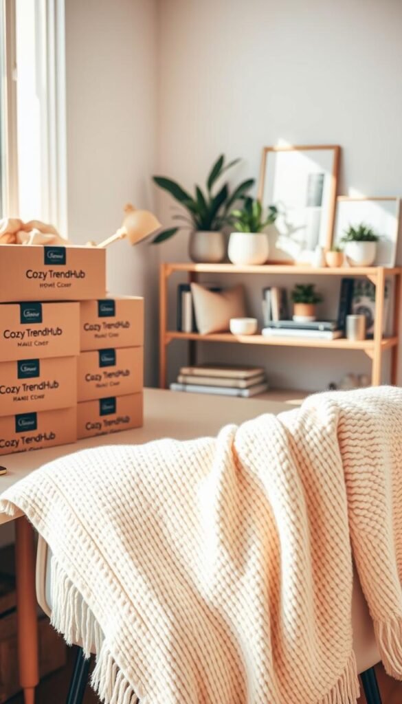 A cozy, aesthetic workspace scene featuring a stylish, neatly arranged desk with warm, natural lighting. In the foreground, a soft, textured throw blanket draped over a minimalistic chair. To the left, there are beautifully packaged shipping boxes labeled with the brand "CozyTrendHub," showcasing various home decor items inside, like decorative pillows and wall art. The middle space includes a meticulously styled shelf with plants, books, and a small, elegant desk lamp, all contributing to an inviting atmosphere. In the background, a softly blurred window reveals sunlight streaming in, enhancing the serene vibe. The mood is warm and inviting, perfect for inspiring home decor enthusiasts.