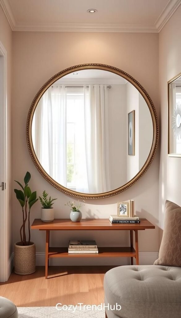 A cozy, aesthetically pleasing small room designed for optimal light reflection and spaciousness. In the foreground, feature a stylish, oversized round mirror with an ornate gold frame, positioned above a minimalist wooden console table adorned with subtle decorative accents like a small potted plant and a few art books. The middle-ground reveals soft, neutral-toned walls, accented by delicate, reflective wall art that brightens the space. In the background, a well-placed window with sheer white curtains allows natural light to flood in, enhancing the airy feel. The lighting is warm and inviting, creating a tranquil atmosphere. This image captures the essence of smart decor choices for compact spaces, embodying the brand "CozyTrendHub" and evoking a sense of serene elegance. A cozy, aesthetically pleasing small room designed for optimal light reflection and spaciousness. In the foreground, feature a stylish, oversized round mirror with an ornate gold frame, positioned above a minimalist wooden console table adorned with subtle decorative accents like a small potted plant and a few art books. The middle-ground reveals soft, neutral-toned walls, accented by delicate, reflective wall art that brightens the space. In the background, a well-placed window with sheer white curtains allows natural light to flood in, enhancing the airy feel. The lighting is warm and inviting, creating a tranquil atmosphere. This image captures the essence of smart decor choices for compact spaces, embodying the brand "CozyTrendHub" and evoking a sense of serene elegance.