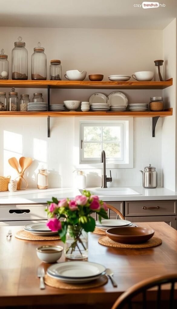 A cozy and airy kitchen featuring open shelving filled with glass jars and tasteful decor elements, providing a sense of spaciousness. In the foreground, a beautifully set wooden dining table with fresh flowers and minimalist tableware. In the middle ground, the open shelves display artisanal plates and glass containers, with sunlight streaming through a window, enhancing the freshness of the scene. In the background, soft, neutral-colored walls complement the bright ambiance. The lighting is warm and natural, creating a welcoming atmosphere. The image should evoke a serene, inviting mood, ideal for a modern lifestyle. This photo aligns with the aesthetic of "CozyTrendHub" and emphasizes the essence of small space decor. A cozy and airy kitchen featuring open shelving filled with glass jars and tasteful decor elements, providing a sense of spaciousness. In the foreground, a beautifully set wooden dining table with fresh flowers and minimalist tableware. In the middle ground, the open shelves display artisanal plates and glass containers, with sunlight streaming through a window, enhancing the freshness of the scene. In the background, soft, neutral-colored walls complement the bright ambiance. The lighting is warm and natural, creating a welcoming atmosphere. The image should evoke a serene, inviting mood, ideal for a modern lifestyle. This photo aligns with the aesthetic of "CozyTrendHub" and emphasizes the essence of small space decor.