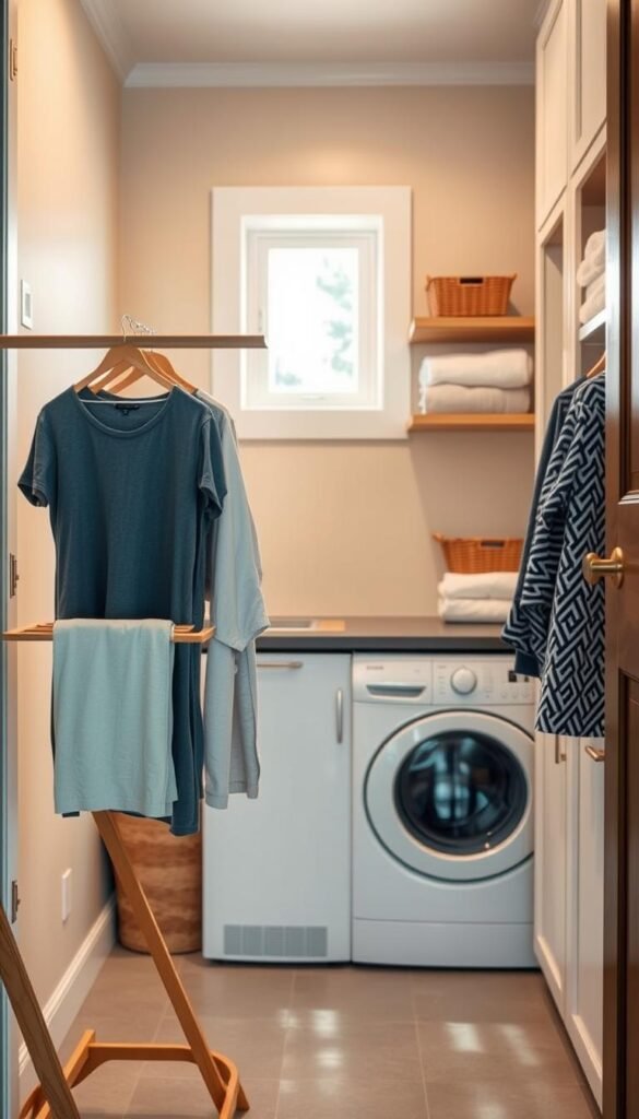 A cozy and compact laundry room featuring smart storage solutions for small spaces. In the foreground, a stylish wooden drying rack holds freshly washed clothes. In the middle, a compact washer and dryer unit is neatly tucked into cabinetry, with open shelves above showcasing neatly folded towels and decorative baskets. The background displays a soft pastel-colored wall with a small window allowing natural light to filter in, illuminating the room softly. The lighting creates a warm, inviting atmosphere, emphasizing the organization and efficiency of the space. The flooring is a modern tile that complements the decor. Visualize this scene as a Pinterest-worthy lifestyle photo that reflects home decor trends from CozyTrendHub.