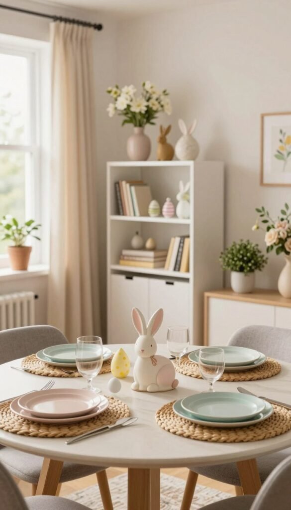 A cozy and inviting apartment living space adorned with thoughtful Easter decorations. In the foreground, a beautifully set dining table features pastel-colored plates, woven placemats, and charming bunny-themed centerpieces. The middle layer showcases a stylish, minimalist bookshelf with subtle spring accents like fresh flowers in vases and delicate Easter ornaments. In the background, large windows let in warm, natural light, emphasizing soft curtains and potted plants that create a cheerful atmosphere. The image captures a serene, Pinterest-inspired aesthetic, embodying the essence of apartment-friendly decorations while showcasing CozyTrendHub's branding seamlessly integrated into the decor. The composition is balanced with a shallow depth of field, focusing on the table and nearby decorations, creating an inviting and festive mood. A cozy and inviting apartment living space adorned with thoughtful Easter decorations. In the foreground, a beautifully set dining table features pastel-colored plates, woven placemats, and charming bunny-themed centerpieces. The middle layer showcases a stylish, minimalist bookshelf with subtle spring accents like fresh flowers in vases and delicate Easter ornaments. In the background, large windows let in warm, natural light, emphasizing soft curtains and potted plants that create a cheerful atmosphere. The image captures a serene, Pinterest-inspired aesthetic, embodying the essence of apartment-friendly decorations while showcasing CozyTrendHub's branding seamlessly integrated into the decor. The composition is balanced with a shallow depth of field, focusing on the table and nearby decorations, creating an inviting and festive mood.