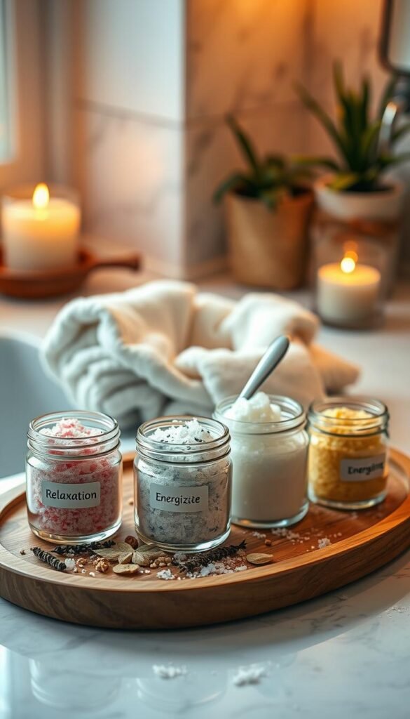 A cozy and inviting bathroom countertop scene showcasing various bath salts recipes for common problems. In the foreground, a wooden tray holds small glass jars filled with colorful bath salt blends, labeled for relaxation, stress relief, and energizing. There are dried herbs and essential oils scattered around the jars, adding a touch of natural beauty. In the middle, a soft, fluffy towel is draped elegantly, and an aesthetically pleasing bowl holds a small scoop for measuring. The background features warm, ambient lighting that creates a serene atmosphere, with soft-focus plants and a candle adding to the vibe. The composition should evoke a feeling of tranquility and comfort, consistent with the brand "CozyTrendHub." A cozy and inviting bathroom countertop scene showcasing various bath salts recipes for common problems. In the foreground, a wooden tray holds small glass jars filled with colorful bath salt blends, labeled for relaxation, stress relief, and energizing. There are dried herbs and essential oils scattered around the jars, adding a touch of natural beauty. In the middle, a soft, fluffy towel is draped elegantly, and an aesthetically pleasing bowl holds a small scoop for measuring. The background features warm, ambient lighting that creates a serene atmosphere, with soft-focus plants and a candle adding to the vibe. The composition should evoke a feeling of tranquility and comfort, consistent with the brand "CozyTrendHub."