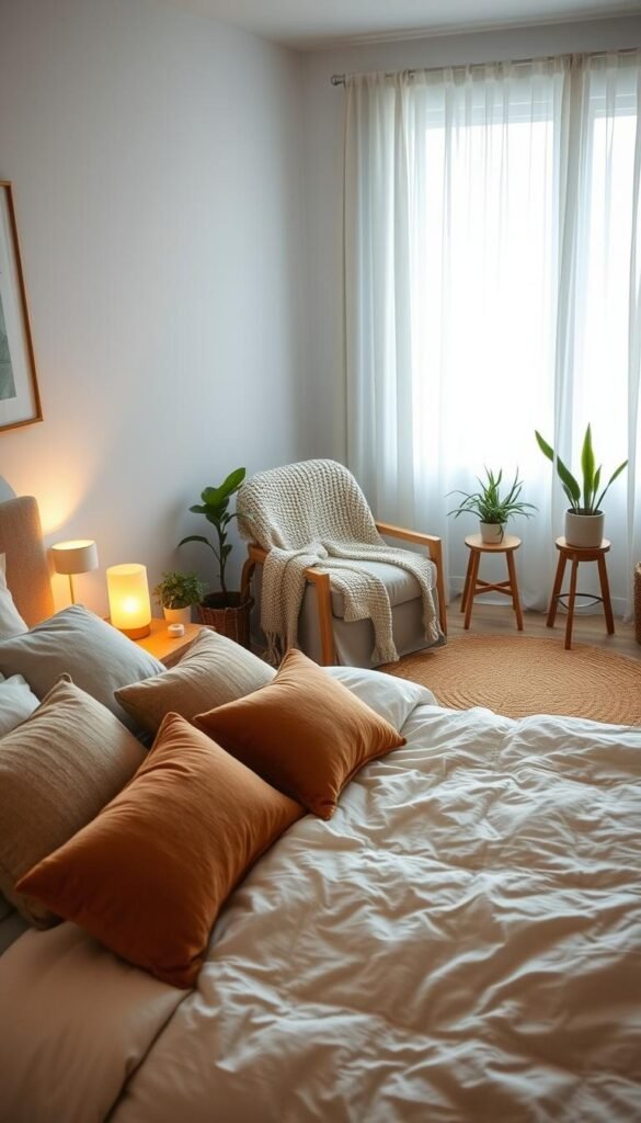 A cozy and inviting bedroom interior designed for optimal relaxation and sleep. In the foreground, a plush, neatly made bed with a fluffy duvet, layered with soft throw pillows in earthy tones. Adjacent to the bed, a small wooden bedside table with a warm, glowing lamp and a few well-chosen decorations. In the middle, a comfortable armchair draped with a knitted throw, complementing the serene color palette of pastel blues and soft creams. The background features soft natural light streaming through sheer curtains, illuminating a stylish area rug and a few houseplants that enhance the tranquil atmosphere. The overall mood is peaceful and homely, reflecting a Pinterest-style aesthetic suitable for "CozyTrendHub."