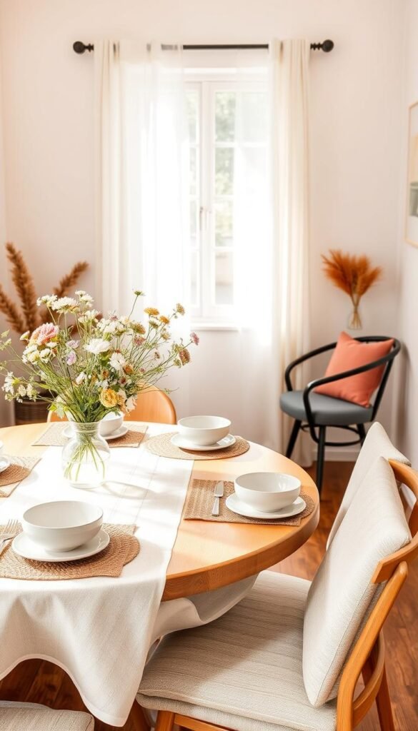 A cozy and inviting dining area set for summer in a small space, featuring a sleek, round wooden table topped with a light, textured tablecloth and charming ceramic dishware. Foreground: A centerpiece of fresh wildflowers in a simple vase, complemented by stylish, mixed-material placemats. Middle: Four comfortable, modern dining chairs with soft cushions arranged neatly around the table, showcasing a vibrant color palette. Background: A sunlit window with sheer white curtains, casting soft, warm light onto the scene and illuminating light-colored walls adorned with minimalist art. The ambiance is relaxed and bright, perfect for everyday living. Captured with a soft-focus lens in a warm color tone to evoke a peaceful summer atmosphere. Styled according to CozyTrendHub's aesthetic. A cozy and inviting dining area set for summer in a small space, featuring a sleek, round wooden table topped with a light, textured tablecloth and charming ceramic dishware. Foreground: A centerpiece of fresh wildflowers in a simple vase, complemented by stylish, mixed-material placemats. Middle: Four comfortable, modern dining chairs with soft cushions arranged neatly around the table, showcasing a vibrant color palette. Background: A sunlit window with sheer white curtains, casting soft, warm light onto the scene and illuminating light-colored walls adorned with minimalist art. The ambiance is relaxed and bright, perfect for everyday living. Captured with a soft-focus lens in a warm color tone to evoke a peaceful summer atmosphere. Styled according to CozyTrendHub's aesthetic.