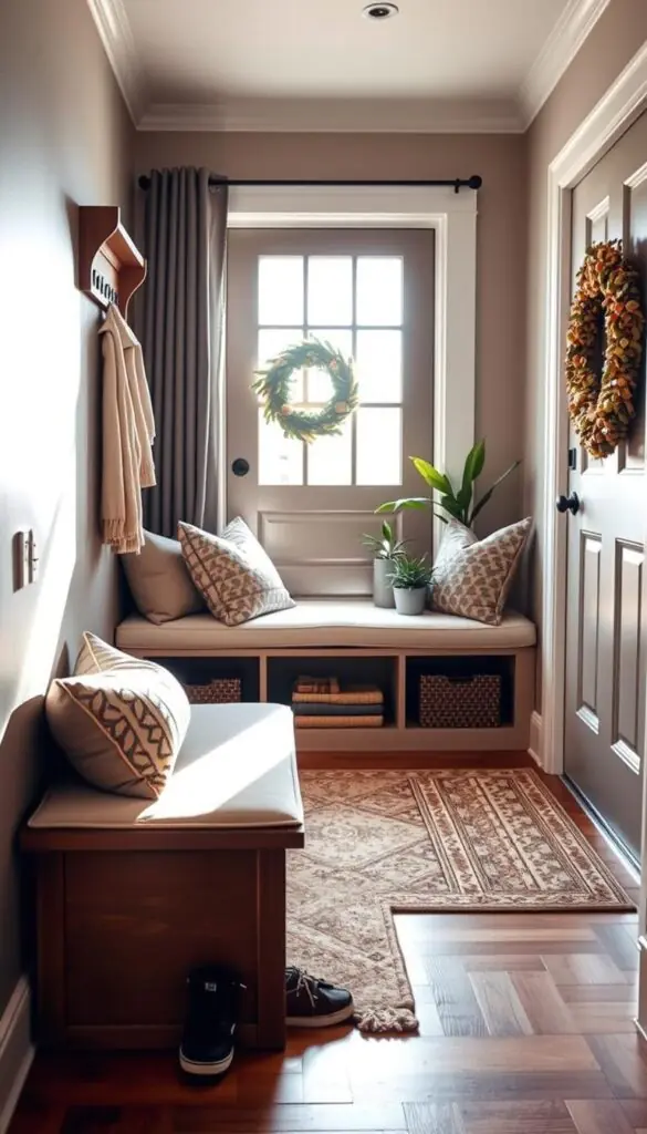 A cozy and inviting drop zone in a stylish home entryway, featuring a functional bench with storage, neatly arranged throw pillows, and a decorative coat rack. In the foreground, a pair of stylish shoes is placed next to the bench, adding a personal touch. In the middle, sunlight streams through a large window, illuminating a soft rug on the wooden floor, creating a warm atmosphere. A few potted plants are arranged on the bench and near the windowsill, enhancing the natural vibe. In the background, a charming entry door with a decorative wreath invites guests inside. The mood is welcoming and serene, perfect for a Pinterest-style lifestyle photo. This image embodies the ideal drop zone concept, designed by CozyTrendHub.