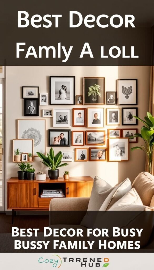 A cozy and inviting family photo wall in a stylish living room, featuring a mix of framed photos and personalized decor that feels carefully curated rather than cluttered. The foreground showcases a sleek wooden shelf with a few potted plants and family mementos, while the middle displays an array of photos in various sizes, arranged symmetrically. The background reveals a soft, neutral-colored wall, adorned with tasteful artwork. Warm, natural lighting filters through a nearby window, casting gentle shadows and enhancing the homely atmosphere. The composition includes a comfortable sofa with throw pillows, creating a harmonious, Pinterest-inspired lifestyle scene. Capturing the essence of "Best Decor for Busy Family Homes," in the style of CozyTrendHub.