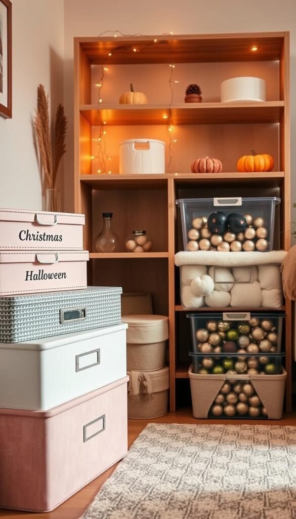A cozy and inviting home environment showcasing a well-organized seasonal storage area. In the foreground, neatly stacked decorative boxes in soft pastels, labeled for different holidays like Christmas, Halloween, and Thanksgiving, alongside plush fabric storage bins. In the middle ground, there are clear bins holding fragile ornaments, delicately arranged to prevent breakage. The background features a stylish shelving unit in natural wood, adorned with subtle seasonal decor&mdash;like a small pumpkin and twinkling fairy lights. Warm, soft lighting creates a friendly atmosphere, enhancing the feel of organization and ease. A slight overhead angle captures the entire scene while maintaining a focus on the storage products from "CozyTrendHub," evoking a serene, clutter-free vibe perfect for any home.