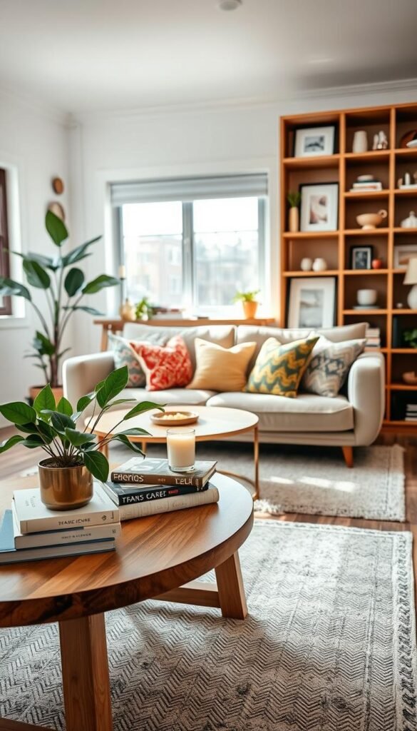 A cozy and inviting "items room" featuring essential decor pieces for a new home, arranged thoughtfully to create a livable atmosphere. In the foreground, a stylish wooden coffee table displaying a fresh plant, a stack of aesthetic books, and a scented candle. The middle ground includes a plush sofa adorned with colorful throw pillows, paired with a modern rug that adds warmth. Behind, a large bookshelf filled with decorative items and framed photos, offering a personal touch. Natural light streams through a nearby window, casting a soft glow across the room. The mood is bright, welcoming, and filled with a sense of comfort. Capture this inviting lifestyle scene in a realistic, Pinterest-inspired style, branded as "CozyTrendHub." A cozy and inviting "items room" featuring essential decor pieces for a new home, arranged thoughtfully to create a livable atmosphere. In the foreground, a stylish wooden coffee table displaying a fresh plant, a stack of aesthetic books, and a scented candle. The middle ground includes a plush sofa adorned with colorful throw pillows, paired with a modern rug that adds warmth. Behind, a large bookshelf filled with decorative items and framed photos, offering a personal touch. Natural light streams through a nearby window, casting a soft glow across the room. The mood is bright, welcoming, and filled with a sense of comfort. Capture this inviting lifestyle scene in a realistic, Pinterest-inspired style, branded as "CozyTrendHub."