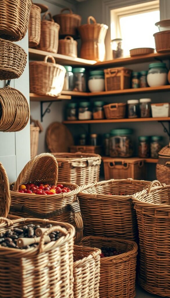 A cozy and inviting kitchen pantry filled with an array of woven baskets, showcasing a variety of natural textures and warm, earthy tones. In the foreground, several wicker bins are neatly arranged, some open to display their contents, such as dried fruits, spices, and pantry staples. The middle ground features shelves adorned with these beautifully crafted baskets, harmonizing with rustic wooden shelves and glass jars. The background is softly blurred, suggesting a well-organized pantry space, illuminated by warm, natural light filtering through a window to create a welcoming atmosphere. The image captures a sense of tranquility and order, reflecting the theme of home organization. Styled in a Pinterest-worthy aesthetic suitable for CozyTrendHub.