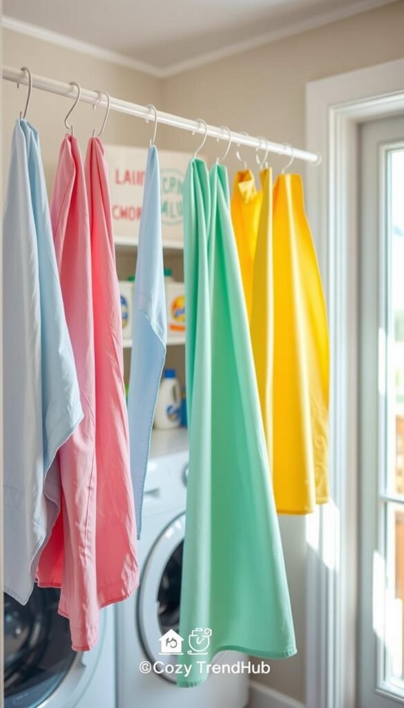 A cozy and inviting laundry space features tension rods elegantly hung with neatly arranged, colorful sheets. In the foreground, several vibrant cotton sheets are draped over the tension rod, showcasing soft textures and patterns in hues of pastel blue, pink, and sunshine yellow. The middle ground highlights a neatly organized shelf with laundry essentials, such as detergents and fabric softeners, accentuating practicality. The background reveals a well-lit room with natural daylight streaming through a window, casting soft shadows, enhancing the warm atmosphere. This Pinterest-style lifestyle photo embraces the essence of rental-friendly solutions, conveying a sense of comfort and clever space utilization. The image reflects the homely decor theme, branded with "CozyTrendHub." A cozy and inviting laundry space features tension rods elegantly hung with neatly arranged, colorful sheets. In the foreground, several vibrant cotton sheets are draped over the tension rod, showcasing soft textures and patterns in hues of pastel blue, pink, and sunshine yellow. The middle ground highlights a neatly organized shelf with laundry essentials, such as detergents and fabric softeners, accentuating practicality. The background reveals a well-lit room with natural daylight streaming through a window, casting soft shadows, enhancing the warm atmosphere. This Pinterest-style lifestyle photo embraces the essence of rental-friendly solutions, conveying a sense of comfort and clever space utilization. The image reflects the homely decor theme, branded with "CozyTrendHub."