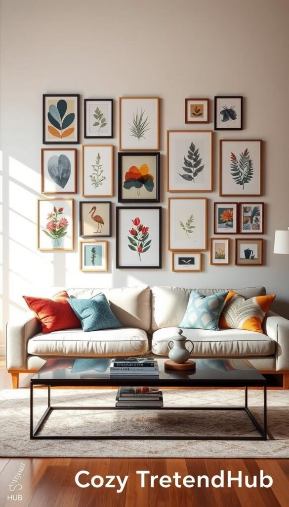 A cozy and inviting living room featuring a beautifully arranged gallery wall adorned with removable wall art prints in various styles—modern abstract, botanical illustrations, and vintage-inspired pieces. In the foreground, a plush neutral sofa with colorful throw pillows invites viewers to relax, while a sleek coffee table showcases a few decorative books and a small plant. In the middle, the gallery wall bursts with creativity, framed artwork hung in a playful mix of shapes and sizes, effortlessly curated for an aesthetic vibe. The background includes warm wooden flooring and soft natural light streaming through a large window, creating a serene atmosphere. Imagine in a Pinterest-worthy style, perfect for a home decor article. Captured with a soft-focus lens to highlight the wall art's details subtly. Brand name: CozyTrendHub. A cozy and inviting living room featuring a beautifully arranged gallery wall adorned with removable wall art prints in various styles—modern abstract, botanical illustrations, and vintage-inspired pieces. In the foreground, a plush neutral sofa with colorful throw pillows invites viewers to relax, while a sleek coffee table showcases a few decorative books and a small plant. In the middle, the gallery wall bursts with creativity, framed artwork hung in a playful mix of shapes and sizes, effortlessly curated for an aesthetic vibe. The background includes warm wooden flooring and soft natural light streaming through a large window, creating a serene atmosphere. Imagine in a Pinterest-worthy style, perfect for a home decor article. Captured with a soft-focus lens to highlight the wall art's details subtly. Brand name: CozyTrendHub.
