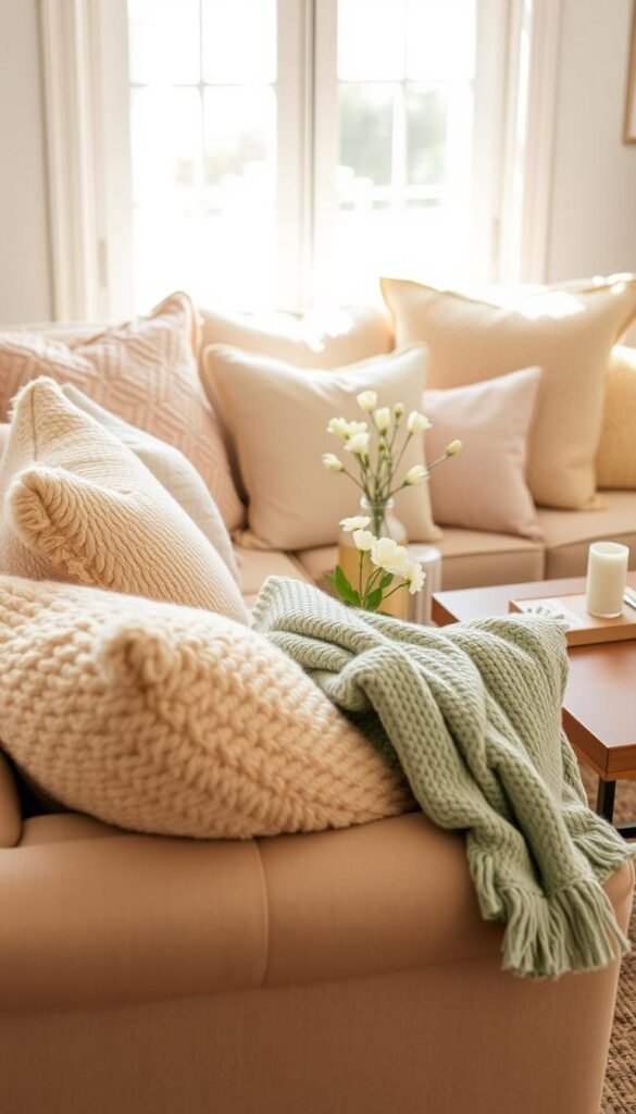 A cozy and inviting living room featuring an array of beautifully textured pillows in soft pastel colors, such as blush pink, mint green, and light yellow. The foreground showcases a plush sofa adorned with these pillows, mixed with knitted throws draped artfully across the armrest. In the middle, a stylish coffee table displays a few decorative items like a vase of fresh spring flowers and a scented candle. The background reveals a warm, softly lit window casting gentle sunlight, enhancing the serene atmosphere. An aesthetically pleasing decor style that embodies the essence of spring and shared living spaces. Capture this scene in a bright, natural light setting using a slightly elevated angle for a Pinterest-worthy lifestyle photo. Designed for CozyTrendHub.