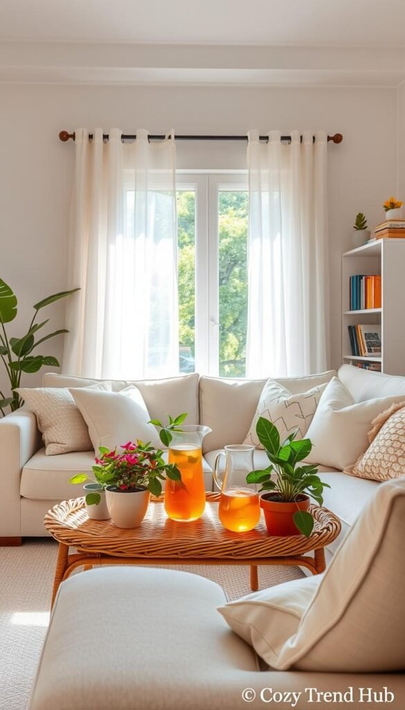 A cozy and inviting living room in a bright, sunlit space, designed for summer comfort in a hot apartment without AC. The foreground features a stylish, light-colored sofa adorned with breathable, textured throw pillows and a light blanket. A wicker coffee table is scattered with vibrant houseplants and a pitcher of refreshing iced herbal tea. The middle layer showcases sheer, airy curtains gently billowing in the warm breeze, framing a window that reveals a lush green outdoor view. In the background, a bookshelf holds summer-themed decor, including colorful books and decorative items. The mood is relaxing and serene, with warm, natural lighting softly illuminating the space. This Pinterest-style lifestyle photo embodies a chic and functional summer living room setup, attributed to CozyTrendHub. A cozy and inviting living room in a bright, sunlit space, designed for summer comfort in a hot apartment without AC. The foreground features a stylish, light-colored sofa adorned with breathable, textured throw pillows and a light blanket. A wicker coffee table is scattered with vibrant houseplants and a pitcher of refreshing iced herbal tea. The middle layer showcases sheer, airy curtains gently billowing in the warm breeze, framing a window that reveals a lush green outdoor view. In the background, a bookshelf holds summer-themed decor, including colorful books and decorative items. The mood is relaxing and serene, with warm, natural lighting softly illuminating the space. This Pinterest-style lifestyle photo embodies a chic and functional summer living room setup, attributed to CozyTrendHub.