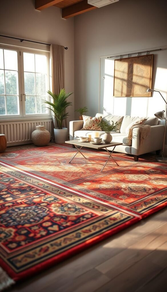 A cozy and inviting living room scene featuring a collection of stylish rugs that enhance the beauty of imperfect floors and define a small space. In the foreground, showcase a vibrant, patterned area rug with intricate geometric designs, perfectly complementing a modern sofa set in muted tones. The middle ground should include a chic coffee table adorned with a few decorative items like candles and potted plants, adding warmth to the atmosphere. The background reveals soft, natural light streaming through large windows, emphasizing the inviting ambiance. Utilize a soft focus lens effect to create an intimate, homely feel, with a warm color palette that radiates comfort. This Pinterest-style lifestyle photo captures the essence of budget-friendly home décor by CozyTrendHub. A cozy and inviting living room scene featuring a collection of stylish rugs that enhance the beauty of imperfect floors and define a small space. In the foreground, showcase a vibrant, patterned area rug with intricate geometric designs, perfectly complementing a modern sofa set in muted tones. The middle ground should include a chic coffee table adorned with a few decorative items like candles and potted plants, adding warmth to the atmosphere. The background reveals soft, natural light streaming through large windows, emphasizing the inviting ambiance. Utilize a soft focus lens effect to create an intimate, homely feel, with a warm color palette that radiates comfort. This Pinterest-style lifestyle photo captures the essence of budget-friendly home décor by CozyTrendHub.