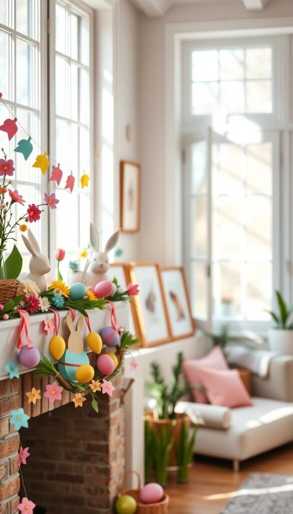 A cozy and inviting living room scene showcasing a beautifully decorated paper mantel for Easter, featuring handcrafted pastel-colored paper decorations like bunnies, eggs, and floral garlands. In the foreground, a mantelpiece is adorned with vibrant paper crafts, giving a youthful, cheerful vibe. In the middle, a few simple, stylish wooden frames house minimalistic springtime prints. The background includes a soft-focus view of a light, airy room with large windows letting in natural sunlight, casting gentle shadows. The atmosphere is warm and welcoming, inviting creativity and celebration. Capture this lifestyle photo in a Pinterest-worthy style, with an emphasis on home decor aesthetics. Brand name: CozyTrendHub.