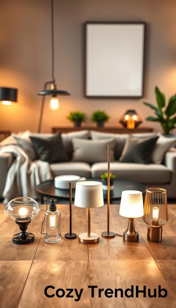 A cozy and inviting living room setup showcasing a side-by-side comparison of five stylish lighting options on a wooden table. In the foreground, elegantly designed pendant lights, floor lamps, and table lamps are artfully arranged, each with a distinct style and glow. In the middle ground, a stylish couch draped with soft textiles and a coffee table adorned with decorative elements emphasizes modern home decor. The background features warm, ambient lighting, enhancing a relaxed atmosphere, with a few potted plants adding a touch of greenery. The image is softly lit to evoke warmth and comfort, using a slight bokeh effect to keep the focus on the lighting options. The overall aesthetic is in line with the Pinterest-style lifestyle, branded as "CozyTrendHub".