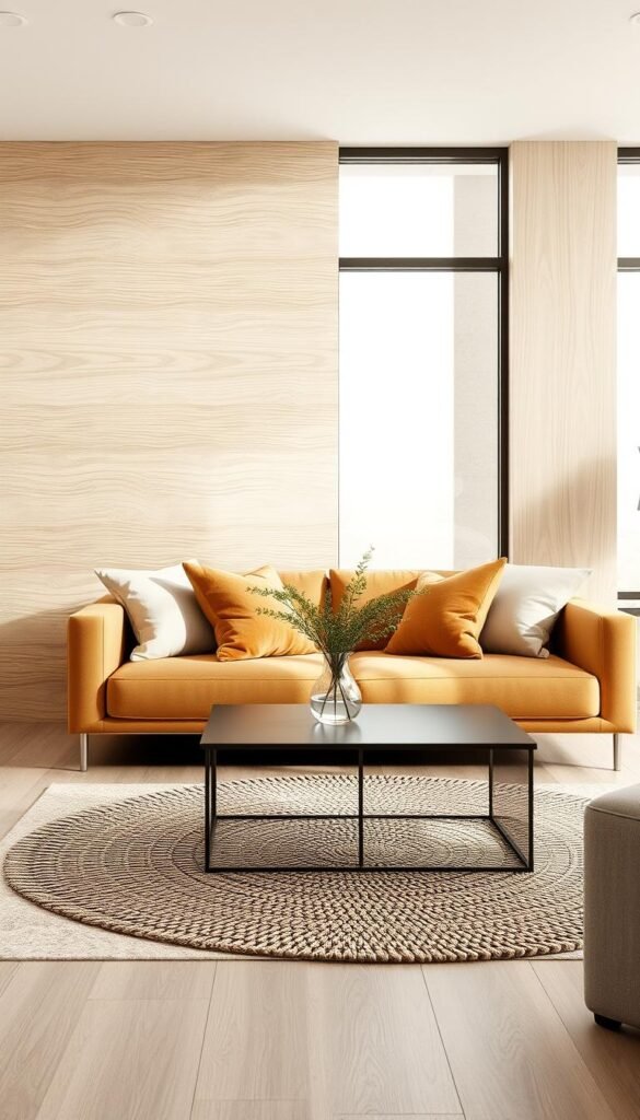 A cozy and inviting minimalist living room featuring a stylish feature wall finish. The foreground showcases a textured wall made from soft, natural wood paneling with subtle grain patterns, complemented by a warm, neutral-colored sofa adorned with plush cushions. In the middle ground, a sleek coffee table holds a delicate vase of green foliage, while a small, intricately woven rug lies beneath. The background features large windows allowing soft, natural light to fill the space, highlighting the soft color palette of beige and light gray. The atmosphere feels warm and serene, perfect for relaxation and comfort. No people present, just a harmonious blend of elements that exemplify minimalist decor. Created for CozyTrendHub.