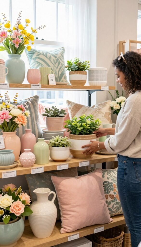 A cozy and inviting scene of a spring decor shopping experience, featuring a beautifully arranged display of pastel-colored home decor items like throw pillows, floral arrangements, and decorative vases. In the foreground, a person dressed in modest casual clothing is examining a handmade ceramic planter, while smiling and contemplating its placement. The middle ground showcases a well-organized shelf filled with budget-friendly decor pieces, adorned with tags indicating prices and shop names, including "CozyTrendHub." In the background, a sunlit window with sheer curtains allows soft, natural light to illuminate the scene, enhancing the vibrant colors of the spring collection. The atmosphere is cheerful and inspiring, evoking a sense of new beginnings and creativity for renters. A cozy and inviting scene of a spring decor shopping experience, featuring a beautifully arranged display of pastel-colored home decor items like throw pillows, floral arrangements, and decorative vases. In the foreground, a person dressed in modest casual clothing is examining a handmade ceramic planter, while smiling and contemplating its placement. The middle ground showcases a well-organized shelf filled with budget-friendly decor pieces, adorned with tags indicating prices and shop names, including "CozyTrendHub." In the background, a sunlit window with sheer curtains allows soft, natural light to illuminate the scene, enhancing the vibrant colors of the spring collection. The atmosphere is cheerful and inspiring, evoking a sense of new beginnings and creativity for renters.