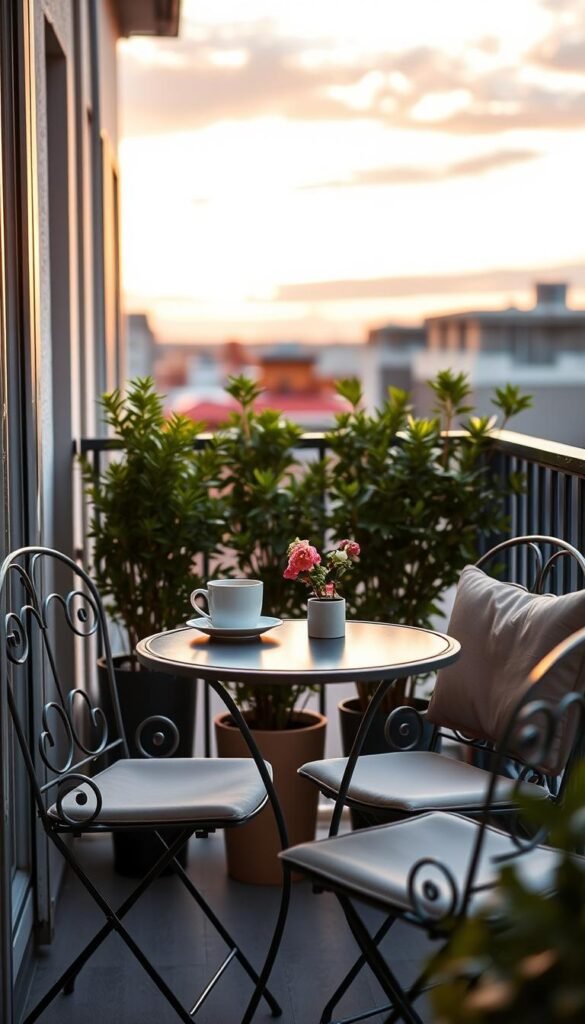 A cozy and inviting small balcony scene showcasing a set of elegant folding bistro table and chairs. In the foreground, focus on a stylish round bistro table with intricate wrought iron legs, accompanied by two matching folding chairs with soft, cushioned seats in a muted pastel color. On the table, a delicate coffee mug and a small vase of fresh flowers add charm. In the middle ground, lush green potted plants contribute to a refreshing atmosphere. The background reveals a sunset sky with warm golden hues, creating a serene ambiance. Soft, natural lighting enhances the inviting feel, as if captured in the golden hour. The overall mood is relaxed and intimate, perfect for a small outdoor gathering. This image embodies the essence of space-saving elegance for a balcony retreat, styled by CozyTrendHub. A cozy and inviting small balcony scene showcasing a set of elegant folding bistro table and chairs. In the foreground, focus on a stylish round bistro table with intricate wrought iron legs, accompanied by two matching folding chairs with soft, cushioned seats in a muted pastel color. On the table, a delicate coffee mug and a small vase of fresh flowers add charm. In the middle ground, lush green potted plants contribute to a refreshing atmosphere. The background reveals a sunset sky with warm golden hues, creating a serene ambiance. Soft, natural lighting enhances the inviting feel, as if captured in the golden hour. The overall mood is relaxed and intimate, perfect for a small outdoor gathering. This image embodies the essence of space-saving elegance for a balcony retreat, styled by CozyTrendHub.