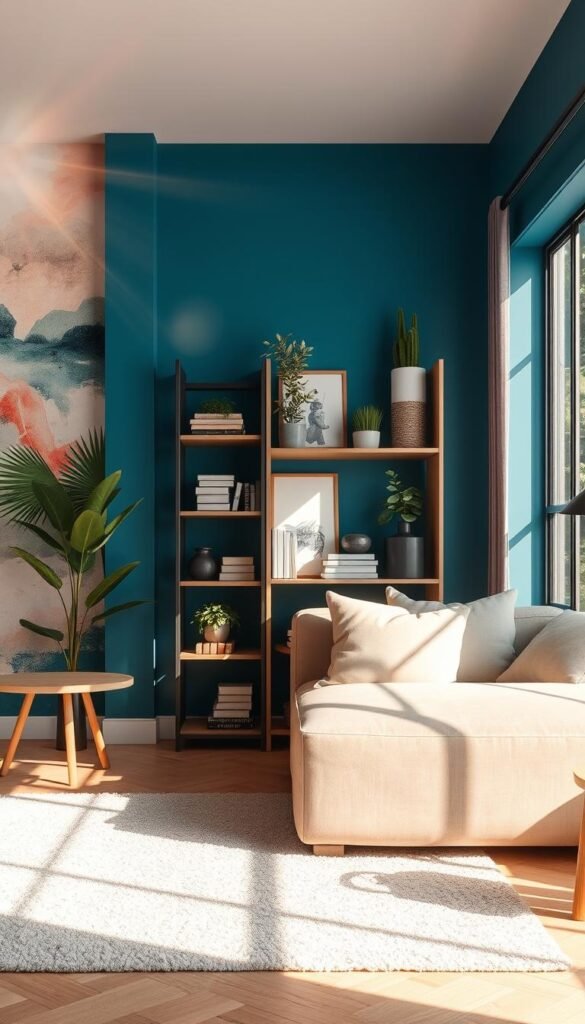 A cozy and inviting small living space featuring vibrant color walls and stylish wallpaper, showcasing a perfect blend of modern design and aesthetic appeal. In the foreground, a plush, minimalist sofa with neutral tones sits against a striking accent wall adorned with abstract mural art. The middle ground displays a well-organized bookshelf filled with decorative plants and books, complemented by a soft area rug for warmth. In the background, a large window allows natural light to pour in, casting gentle shadows that enhance the depth of the colors. The atmosphere is calm and refreshing, creating an ideal setting for small-space decor inspiration. The scene is captured with soft focus, lens flare, and a warm color palette, emphasizing a serene and stylish ambiance. Designed for CozyTrendHub. A cozy and inviting small living space featuring vibrant color walls and stylish wallpaper, showcasing a perfect blend of modern design and aesthetic appeal. In the foreground, a plush, minimalist sofa with neutral tones sits against a striking accent wall adorned with abstract mural art. The middle ground displays a well-organized bookshelf filled with decorative plants and books, complemented by a soft area rug for warmth. In the background, a large window allows natural light to pour in, casting gentle shadows that enhance the depth of the colors. The atmosphere is calm and refreshing, creating an ideal setting for small-space decor inspiration. The scene is captured with soft focus, lens flare, and a warm color palette, emphasizing a serene and stylish ambiance. Designed for CozyTrendHub.