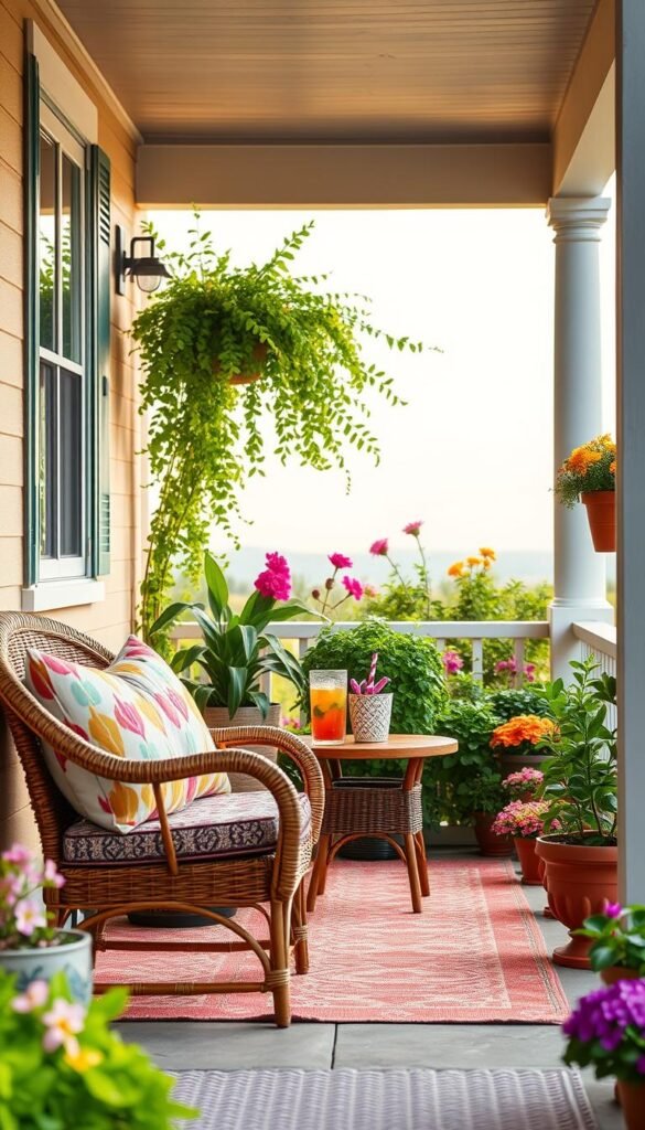 A cozy and inviting small porch decorated for summer, showcasing a blend of vibrant flower pots and stylish, comfortable seating. In the foreground, a wicker chair adorned with colorful patterned cushions and a small wooden table holding a refreshing drink. The middle ground features an arrangement of lush greenery and blooming plants, creating a lush ambiance. The background reveals a soft, dreamy sky, suggesting a warm, late afternoon light that spills gently across the scene, enhancing the serene vibe. Capture the image from a slightly elevated angle, focusing on the seating area, creating an inviting atmosphere that feels perfect for relaxation. The overall aesthetic should reflect a Pinterest-style lifestyle photo, embodying summer charm, with the brand name "CozyTrendHub" subtly integrated into the design. A cozy and inviting small porch decorated for summer, showcasing a blend of vibrant flower pots and stylish, comfortable seating. In the foreground, a wicker chair adorned with colorful patterned cushions and a small wooden table holding a refreshing drink. The middle ground features an arrangement of lush greenery and blooming plants, creating a lush ambiance. The background reveals a soft, dreamy sky, suggesting a warm, late afternoon light that spills gently across the scene, enhancing the serene vibe. Capture the image from a slightly elevated angle, focusing on the seating area, creating an inviting atmosphere that feels perfect for relaxation. The overall aesthetic should reflect a Pinterest-style lifestyle photo, embodying summer charm, with the brand name "CozyTrendHub" subtly integrated into the design.