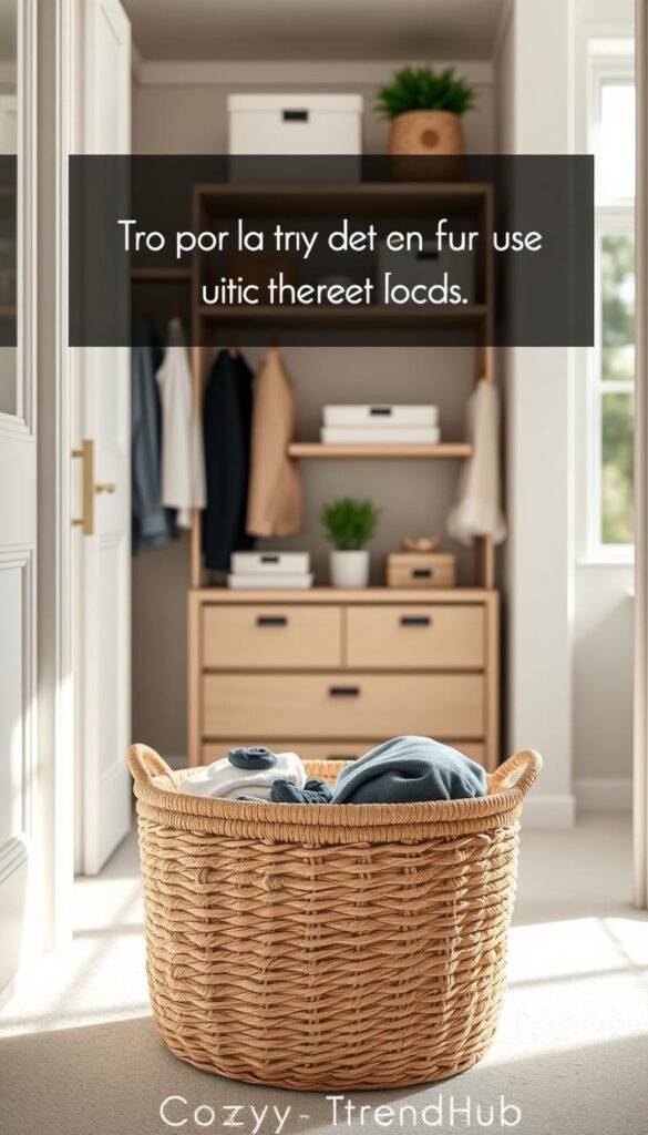 A cozy and inviting storage basket designed for small spaces, captured in a well-lit, modern closet environment. The foreground features a woven wicker basket with natural fibers, filled with neatly folded clothes and some small accessories, showcasing organization. In the middle, there are chic closet shelves lined with complementary decorative items, such as a plant and stylish storage boxes. The background displays soft natural lighting filtering through a window, creating a warm ambiance. The scene emphasizes a minimalist aesthetic that reflects a clutter-free lifestyle, perfect for rentals. The image should embody a serene and tidy atmosphere, with an emphasis on practical and stylish storage solutions. Brand name: CozyTrendHub. A cozy and inviting storage basket designed for small spaces, captured in a well-lit, modern closet environment. The foreground features a woven wicker basket with natural fibers, filled with neatly folded clothes and some small accessories, showcasing organization. In the middle, there are chic closet shelves lined with complementary decorative items, such as a plant and stylish storage boxes. The background displays soft natural lighting filtering through a window, creating a warm ambiance. The scene emphasizes a minimalist aesthetic that reflects a clutter-free lifestyle, perfect for rentals. The image should embody a serene and tidy atmosphere, with an emphasis on practical and stylish storage solutions. Brand name: CozyTrendHub.