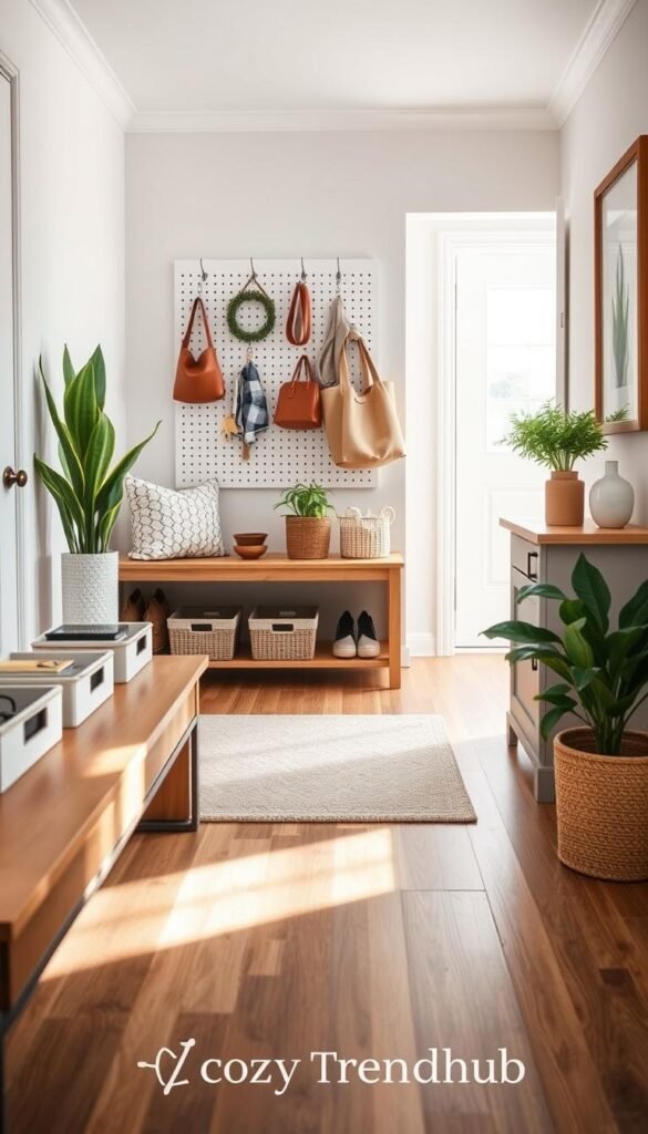 A cozy and modern room drop zone map showcasing an organized and tidy space. The foreground features a sleek wooden bench with labeled storage baskets and neatly arranged shoes. In the middle ground, a stylish pegboard displays essential items like keys and bags, with a touch of greenery from potted plants. The background reveals a bright and airy entryway with a decorative mirror and framed artwork, all bathed in soft, natural lighting that highlights the welcoming atmosphere. The overall mood is serene and organized, reflecting a Pinterest-inspired lifestyle. Incorporate subtle branding elements of "CozyTrendHub" to enhance the visual appeal. A cozy and modern room drop zone map showcasing an organized and tidy space. The foreground features a sleek wooden bench with labeled storage baskets and neatly arranged shoes. In the middle ground, a stylish pegboard displays essential items like keys and bags, with a touch of greenery from potted plants. The background reveals a bright and airy entryway with a decorative mirror and framed artwork, all bathed in soft, natural lighting that highlights the welcoming atmosphere. The overall mood is serene and organized, reflecting a Pinterest-inspired lifestyle. Incorporate subtle branding elements of "CozyTrendHub" to enhance the visual appeal.