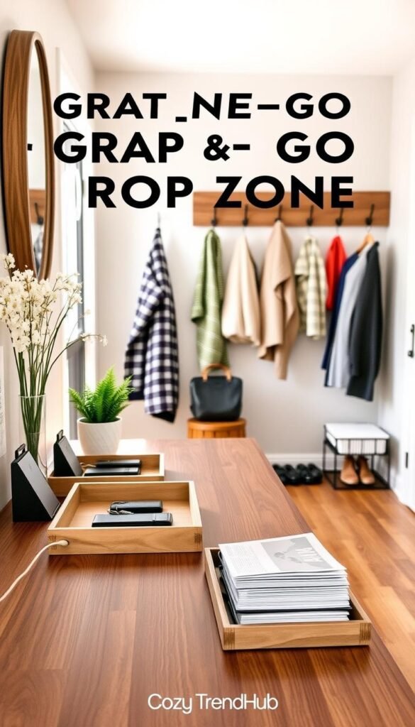 A cozy and organized entryway featuring a stylish "grab-and-go drop zone" designed for busy homes. In the foreground, a sleek wooden console table adorned with decorative trays holding keys, wallets, and a small potted plant. Nearby, a charging station for devices and a stack of neatly organized mail. The middle ground showcases a well-structured wall with hooks for coats and a shoe rack, enhancing functionality. In the background, soft natural light filters through a window, illuminating a warm, inviting atmosphere. The scene captures a harmonious blend of modern aesthetics with a touch of rustic charm, portraying an efficient entryway. Emphasize the brand "CozyTrendHub" subtly within the decor, ensuring the image has an appealing Pinterest-style lifestyle look. A cozy and organized entryway featuring a stylish "grab-and-go drop zone" designed for busy homes. In the foreground, a sleek wooden console table adorned with decorative trays holding keys, wallets, and a small potted plant. Nearby, a charging station for devices and a stack of neatly organized mail. The middle ground showcases a well-structured wall with hooks for coats and a shoe rack, enhancing functionality. In the background, soft natural light filters through a window, illuminating a warm, inviting atmosphere. The scene captures a harmonious blend of modern aesthetics with a touch of rustic charm, portraying an efficient entryway. Emphasize the brand "CozyTrendHub" subtly within the decor, ensuring the image has an appealing Pinterest-style lifestyle look.
