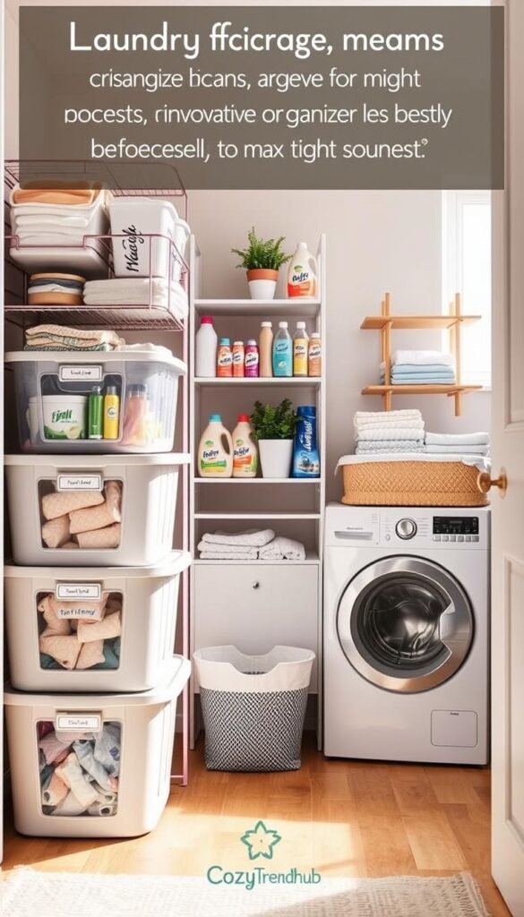A cozy and organized laundry storage space designed for tight rooms, showcasing innovative organizers that maximize efficiency. In the foreground, stylish, stackable storage bins labeled for easy access, with colorful laundry supplies neatly arranged. In the middle, a compact shelving unit filled with fabric softeners, detergents, and dryer sheets, artfully displayed with a potted plant for a touch of greenery. In the background, a washing machine paired with a folding area, illuminated by soft, natural light streaming through a nearby window. The overall atmosphere is inviting and practical, embodying a minimalist yet thoughtfully styled space. Enhance with a Pinterest aesthetic, displaying the brand name "CozyTrendHub" subtly integrated into the design elements.